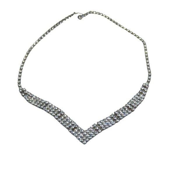 Vintage Prong Set Rhinestone V Shaped Necklace Silvertone Multi Strand 15 inch - Picture 10 of 10